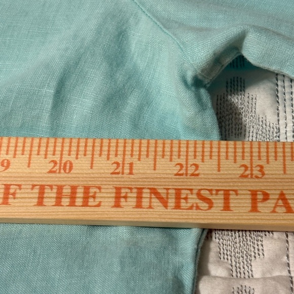100%linen aqua blue ruffle button up tunic. 3/4 sleeve,  split hem. - Picture 10 of 16